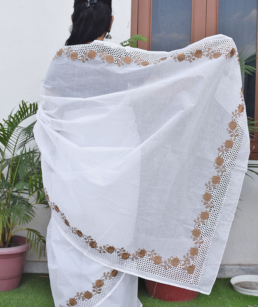 Elegant Kota Doria Cotton saree with Cut work & Embroidery ( with blouse piece)