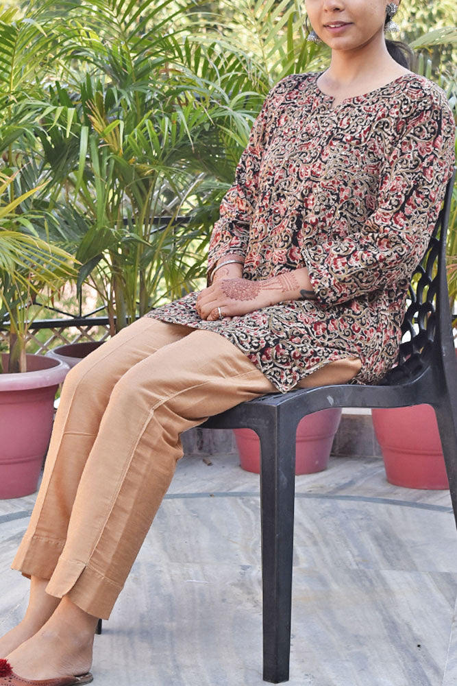 Machalipatnam Kalamkari Hand Block Printed Cotton Short Kurta with sequins on yoke - Size -36 ,38