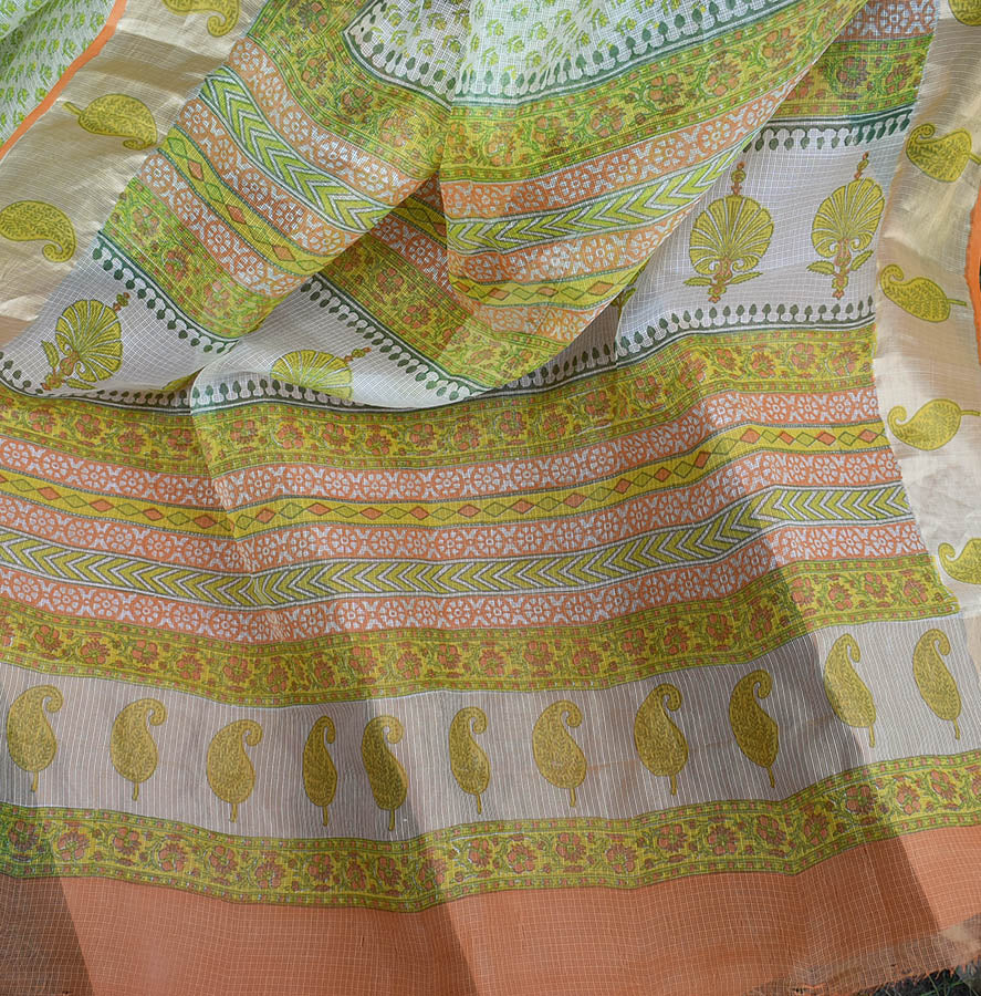 Beautiful Hand Block Printed Kota Silk Saree with Zari border