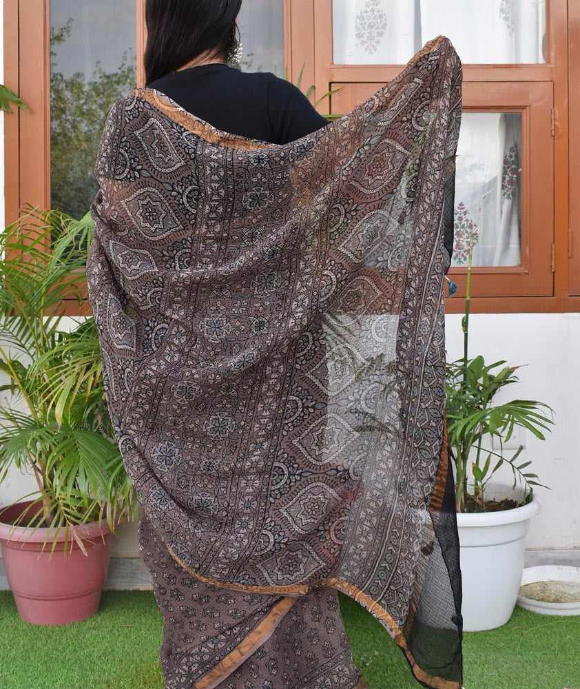Hand Block Print Kutch Ajrakh Kota Cotton Doria  Saree