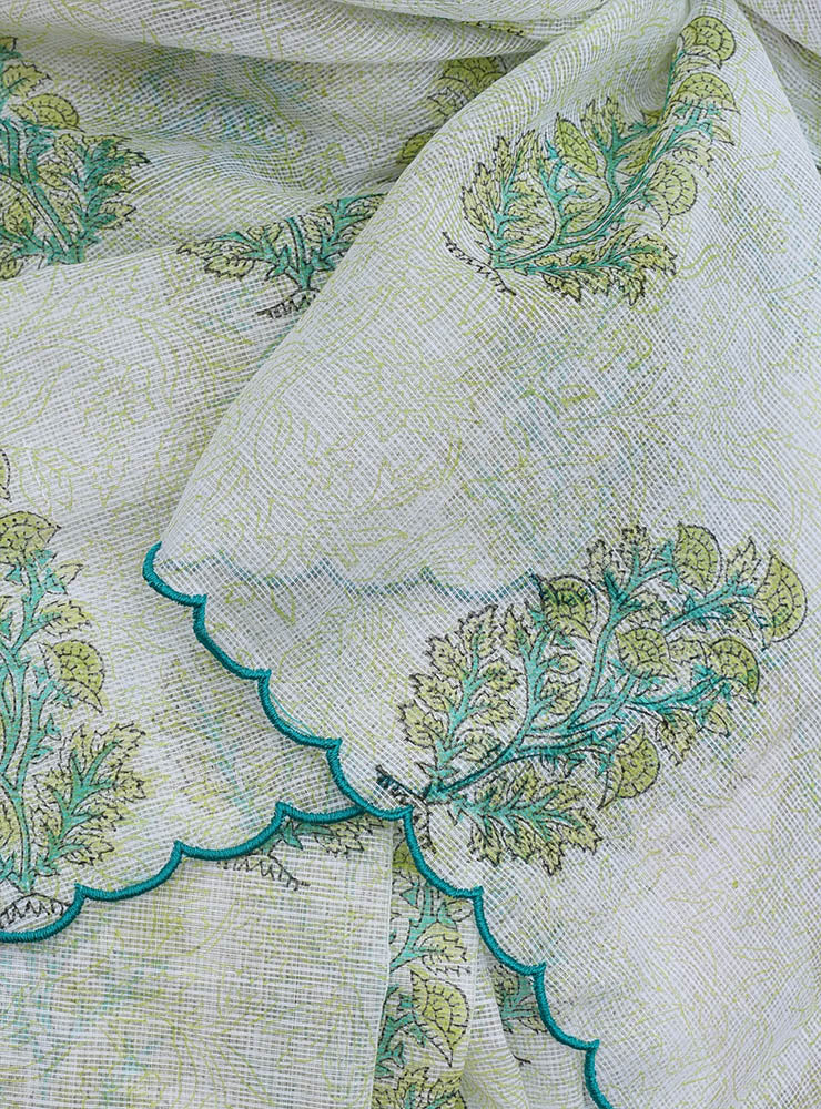 Elegant Kota Cotton Saree with scalloped ends & dual hand block prints