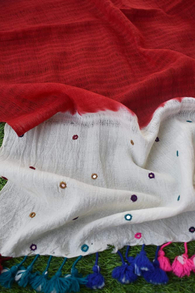 Hand woven Kutch Woolen Stole with Missing weave, Shibori Dye & Mirror work