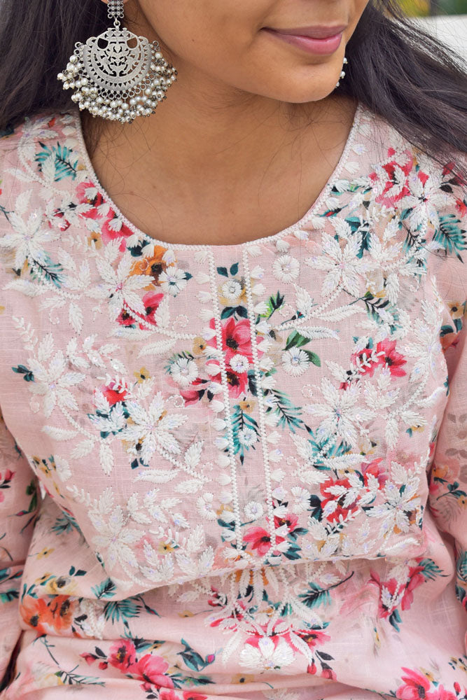 Beautiful Linen Cotton Kurta with Embroidery & white flex cotton bottom bottom Size 38