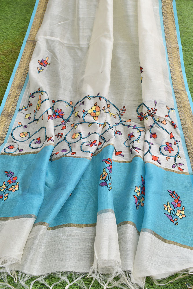 Elegant  Pure Maheshwari Silk Cotton Dupatta with Kashmiri Hand Embroidery