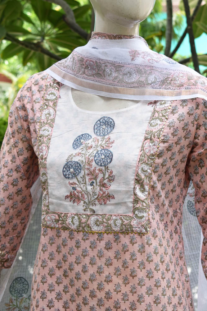 Hand Block Printed Cotton suit - Kurta , Dupatta & Pant - size 42