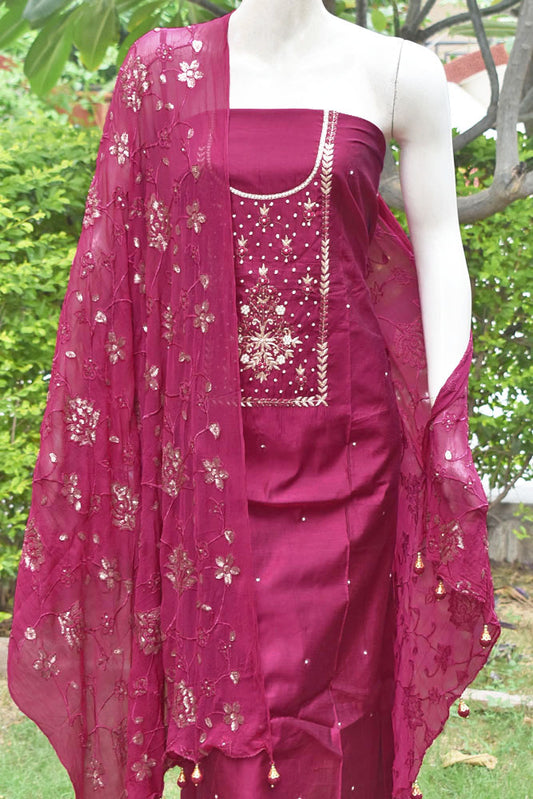Beautiful  Chanderi unstitched suit fabric with Hand embroidery & Embroiderd Dupatta & Matching Potli bag
