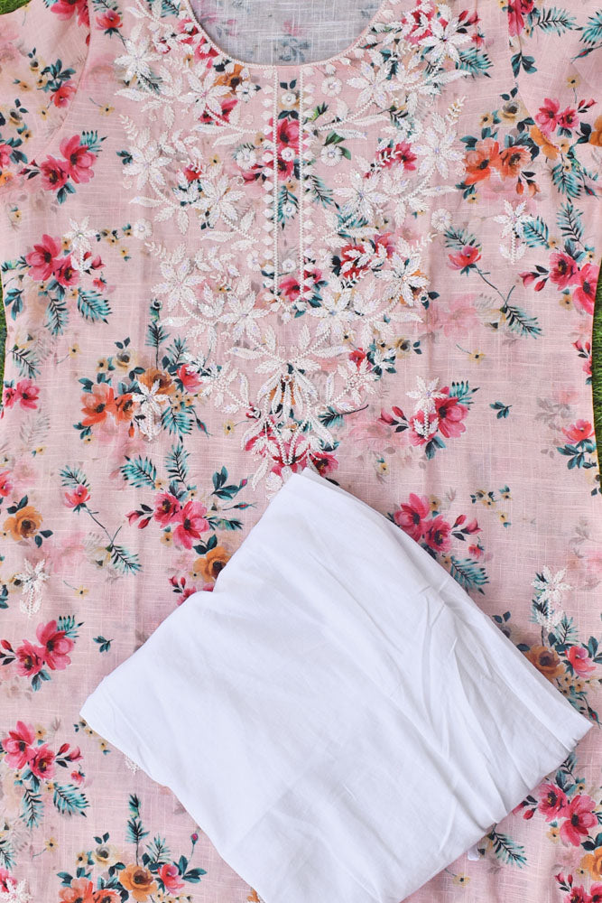 Beautiful Linen Cotton Kurta with Embroidery & white flex cotton bottom bottom Size 38