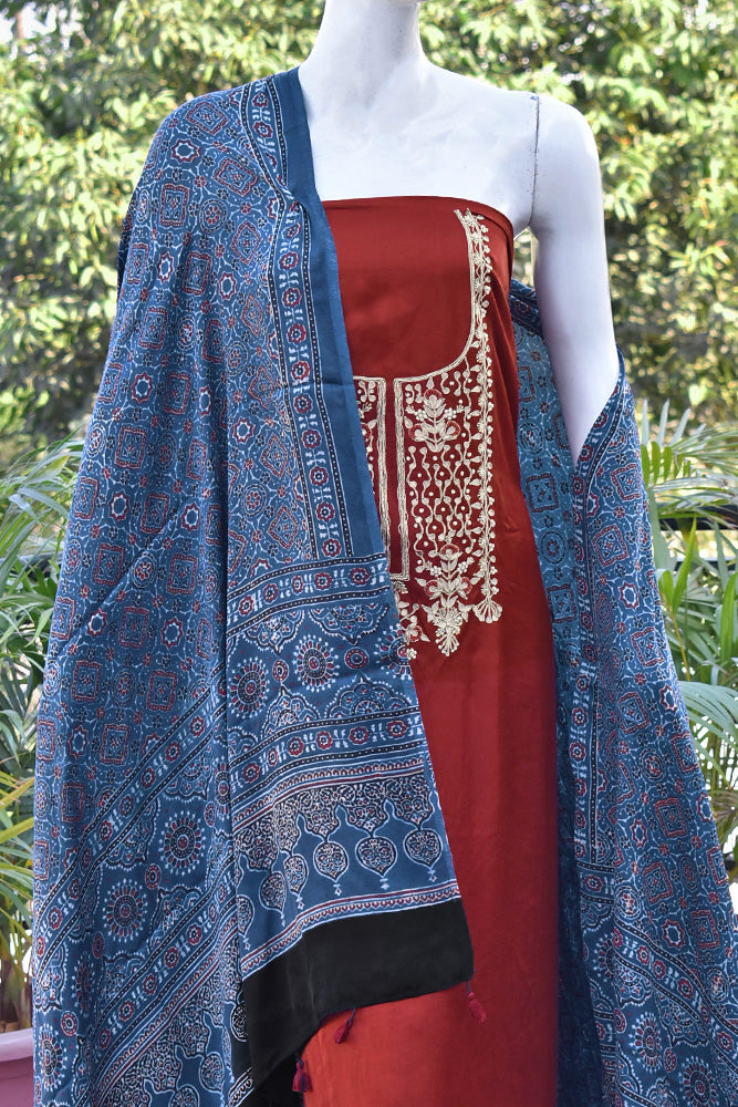 Exquisite Hand Embroidered Modal Silk Kurta fabric & Ajrakh Dupatta with Tassels
