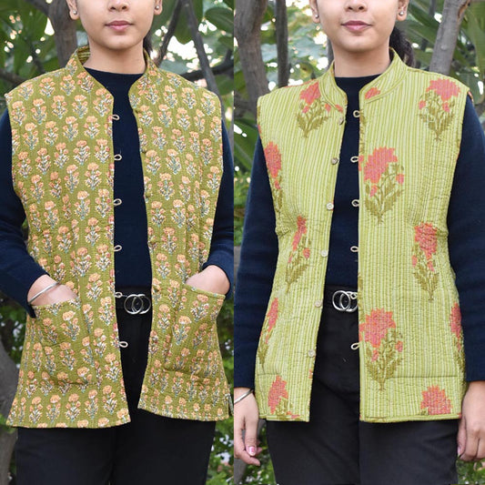 Block Print Quilted Reversible Sleeveless cotton jacket -Size  38