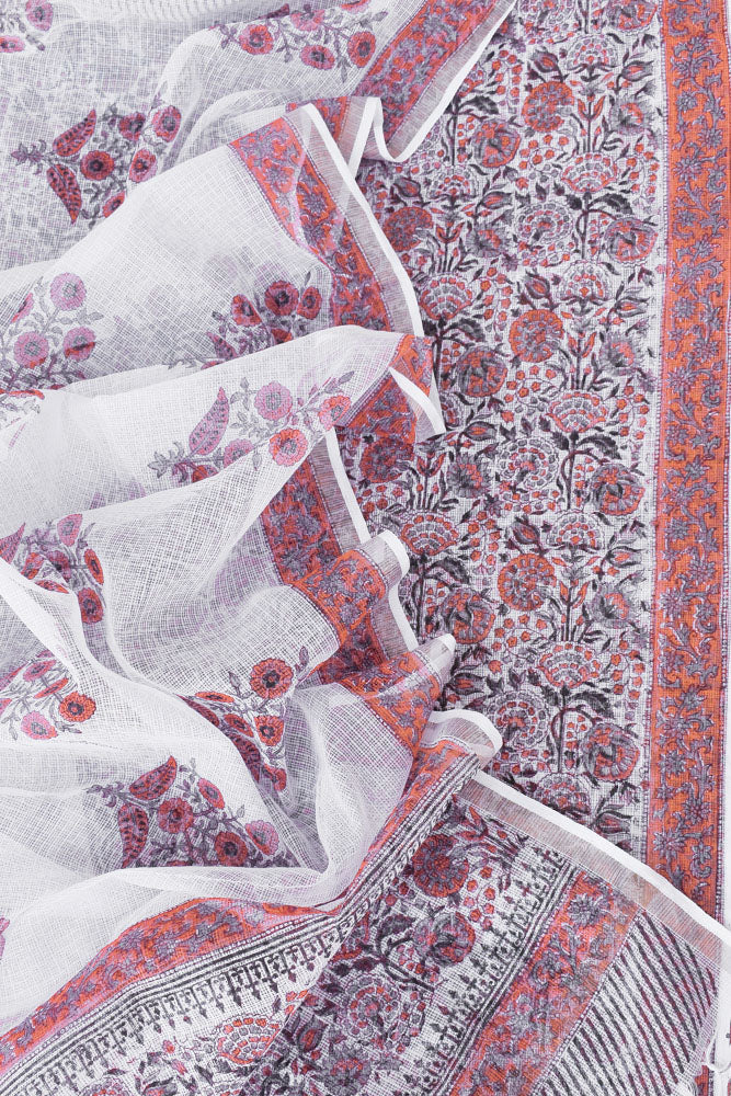 Elegant White Hand Block Printed Kota cotton Kurta fabric & Dupatta set with Sanganeri Block print
