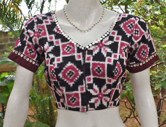 Ikkat Cotton Blouse with hand done mirror work - size 38. 40