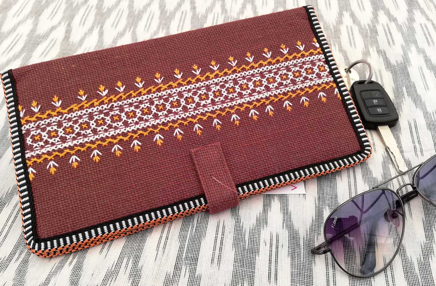 Handcrafted Jute Passport Cover with cross stitch Embroidery