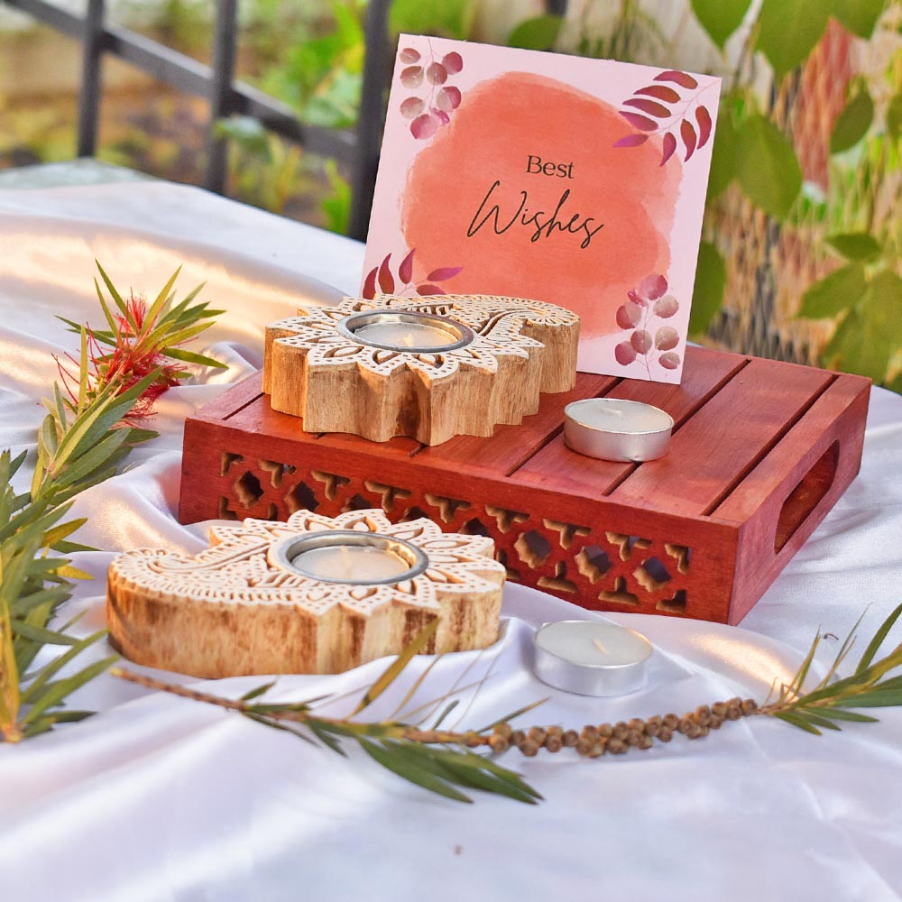 Gift Hamper - Wooden Carved T Light Holders - Set of 2 holders