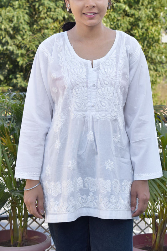 Elegant Soft Mul Cotton Short Top / Kurta with Hand Chikankari work