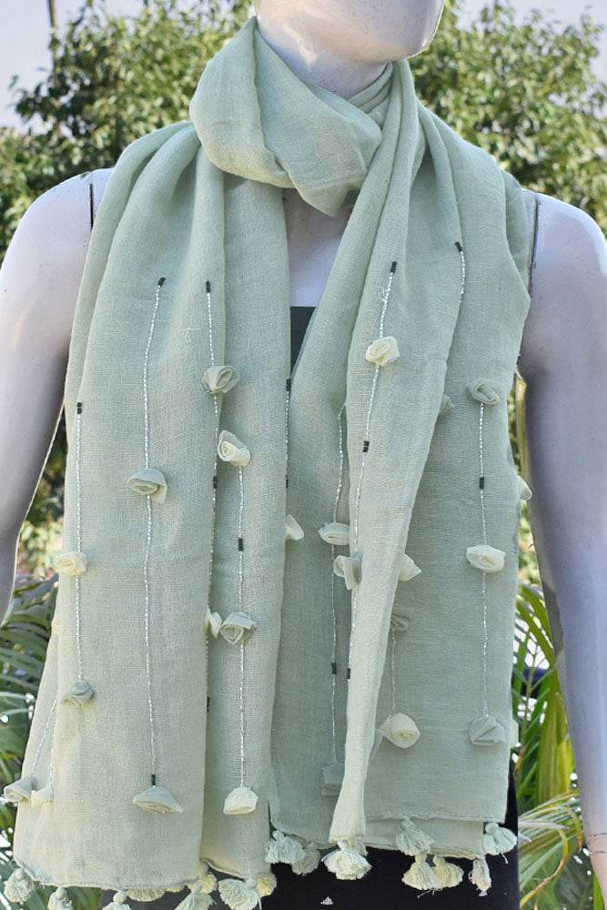 Beautiful Linen Stole with hand embroidery, embellishments & tassels