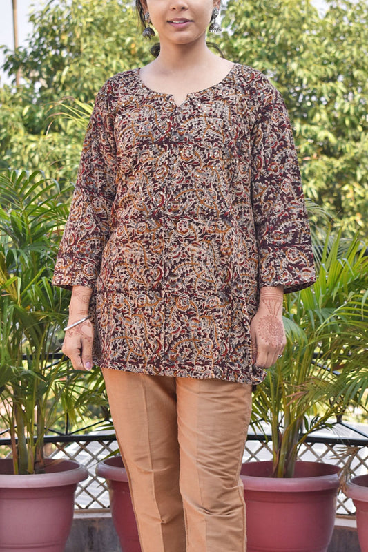 Machalipatnam Kalamkari Hand Block Printed Cotton Short Kurta with sequins on yoke - Size -38