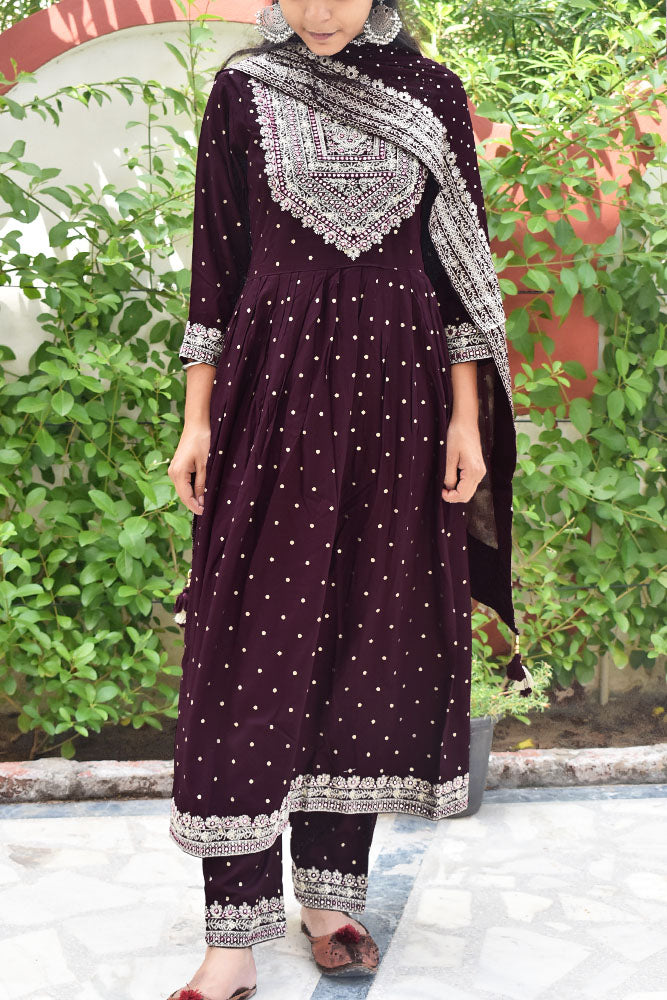 Festive Rayon cotton suit with embroidery & gold print with long side slit - Size 40