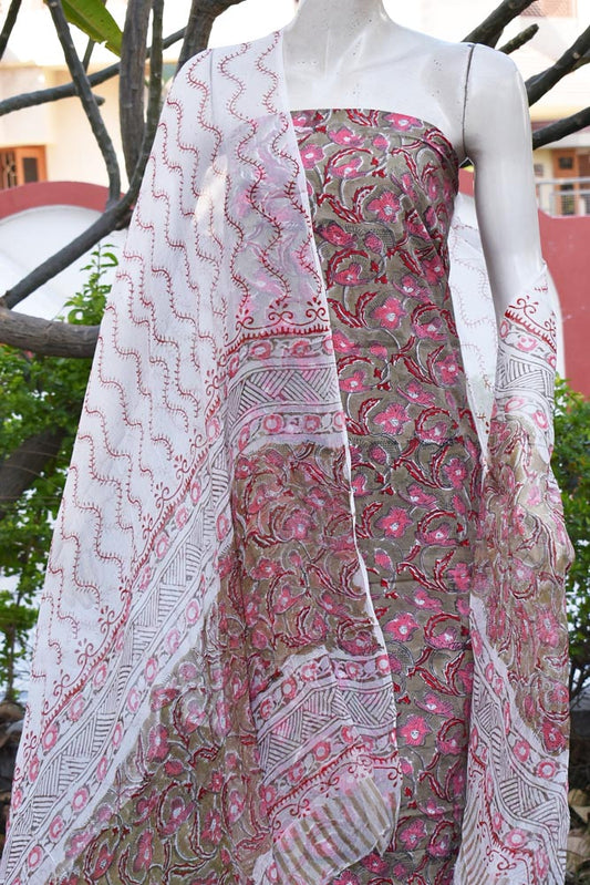 Beautiful Block Printed Cotton unstitched suit fabric with Chiffon dupatta