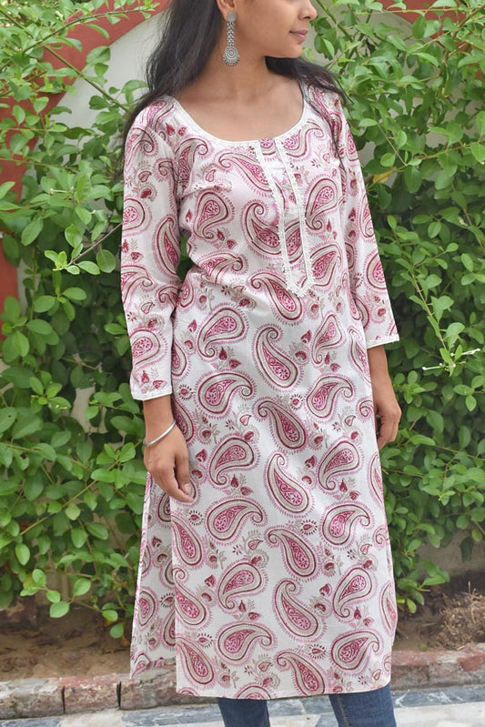 Hand Block Printed Cotton Kurta with Lace