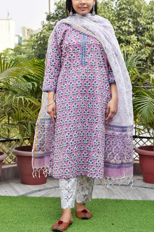 Hand Block Printed Cotton suit - Kurta , Dupatta & Pant - size  44