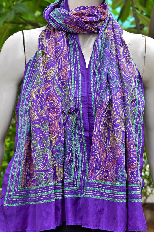 Elegant Hand Embroidered Kantha work Silk Stole