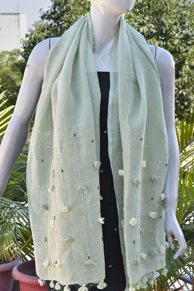 Beautiful Linen Stole with hand embroidery, embellishments & tassels