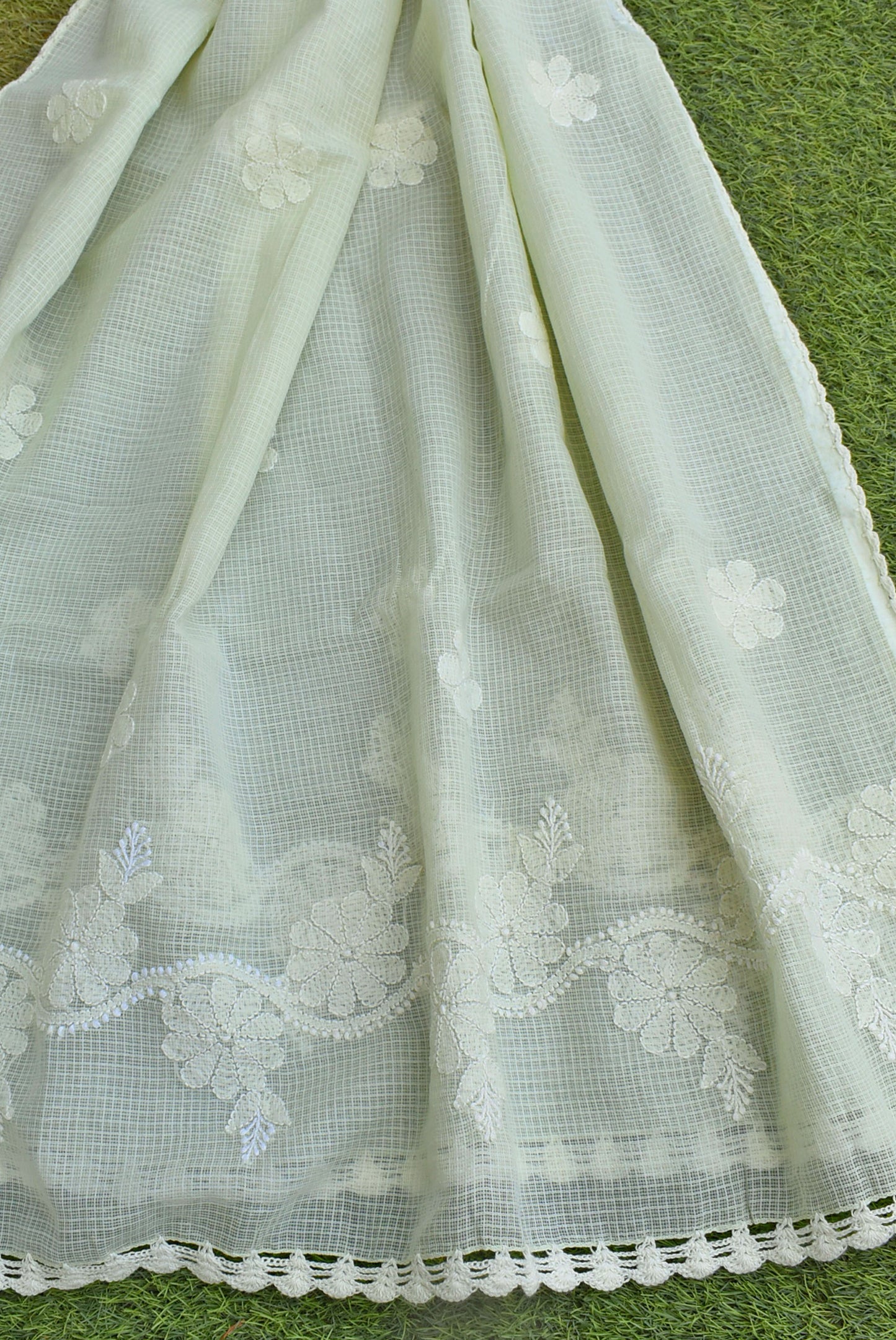 Summer Sorbet : Kota Cotton Dupatta with Hand Chikankari embroidery & crochet borders - Light Pista green