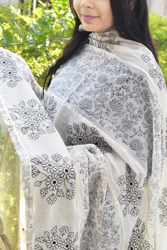 Elegant cotton dupatta with embroidery, block print & gota work