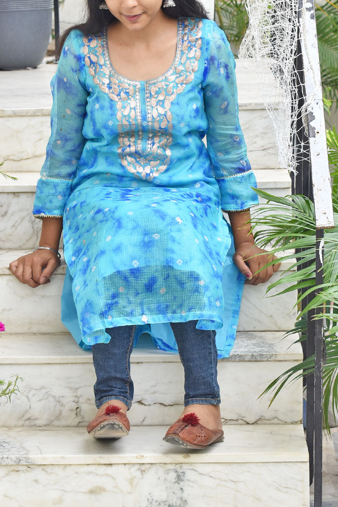 Elegant Kota Silk kurta with Hand embroidered Pitta & gota work - Size 34
