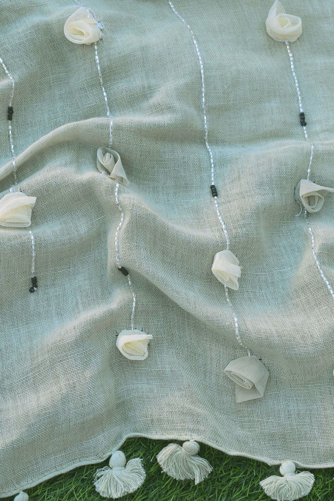Beautiful Linen Stole with hand embroidery, embellishments & tassels
