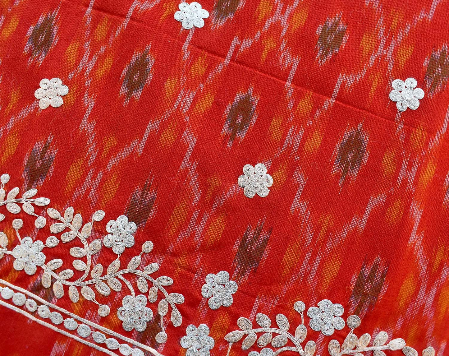 Ikkat Silk Cotton Fabric with Pitta work Embroidery