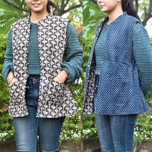 Block Print Quilted Reversible Sleeveless cotton jacket -Size  40