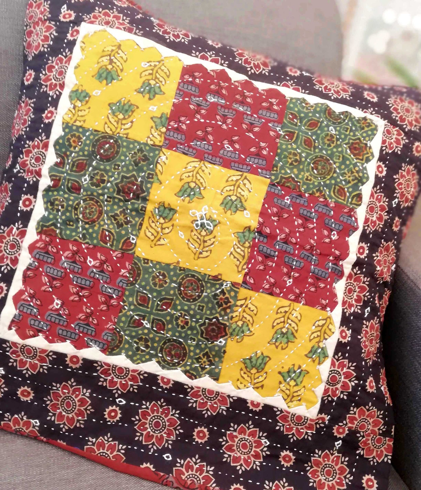 Ajrakh Block Printed patchwork Cotton Cushion Cover  ( set of 2)