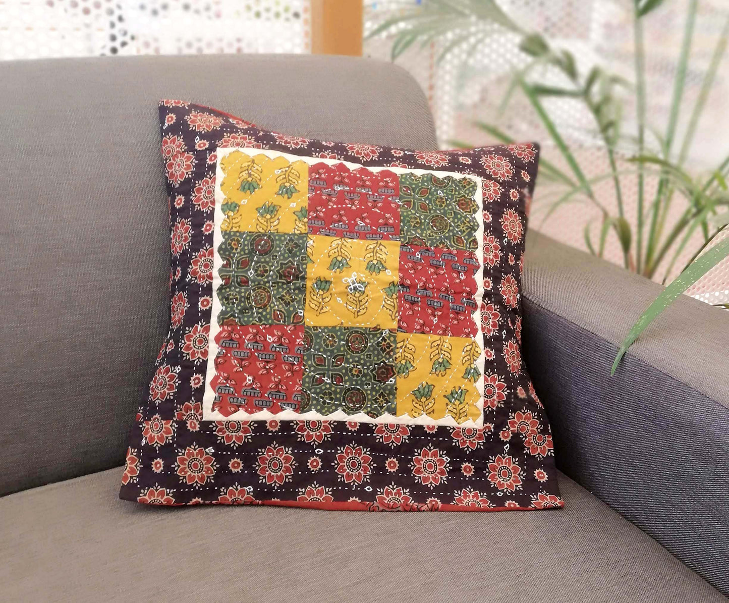 Ajrakh Block Printed patchwork Cotton Cushion Cover  ( set of 2)