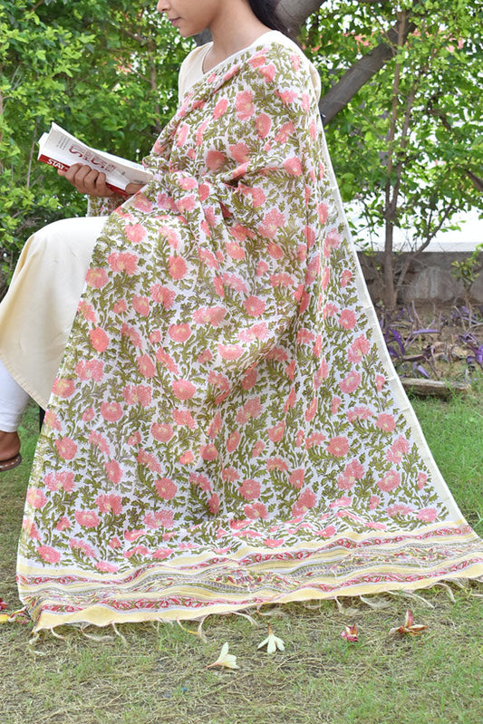 Basant : Sanganer Hand Block Printed Chanderi Silk Cotton Dupatta