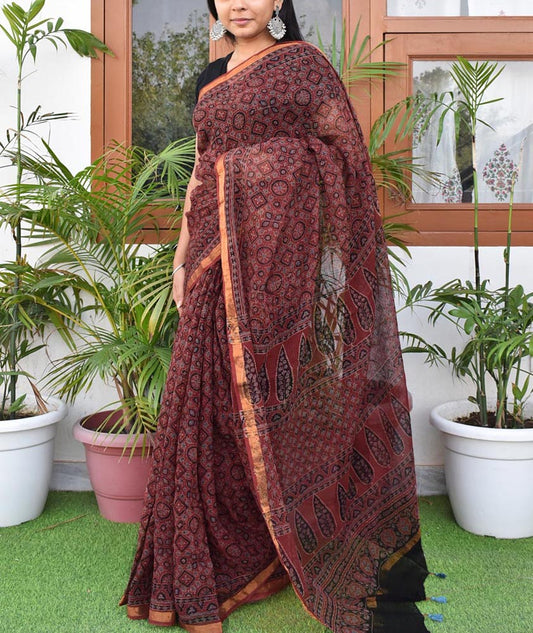 Hand Block Print Kutch Ajrakh Kota Cotton Doria  Saree