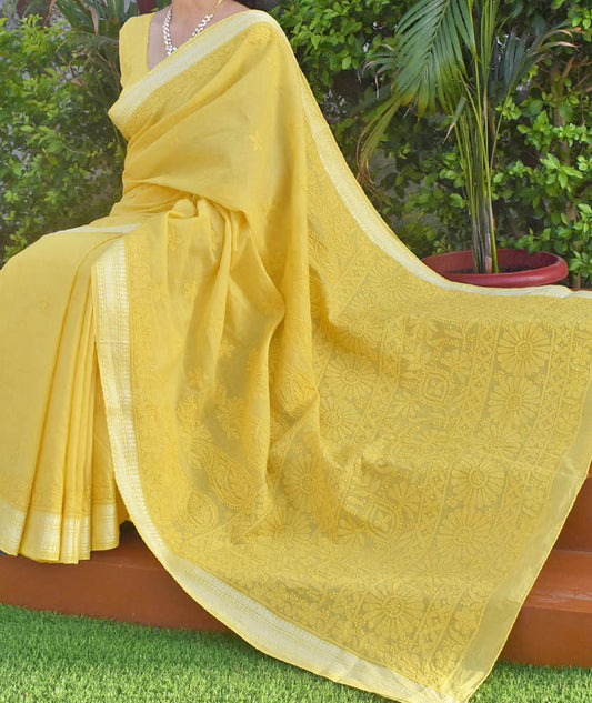 Elegant Soft Cotton Saree with Hand Chikankari work on Border, Bootis & Heavy Palla
