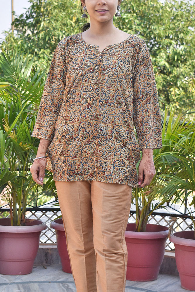 Machalipatnam Kalamkari Hand Block Printed Cotton Short Kurta with sequins on yoke - Size - 40