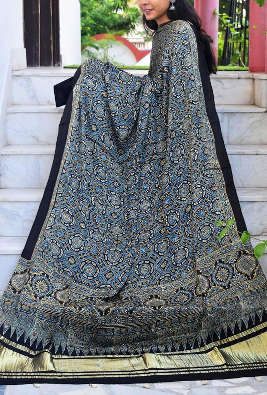 Elegant Modal Silk Ajrakh Block Print Dupatta with zari lagdi patta palla & Tassels