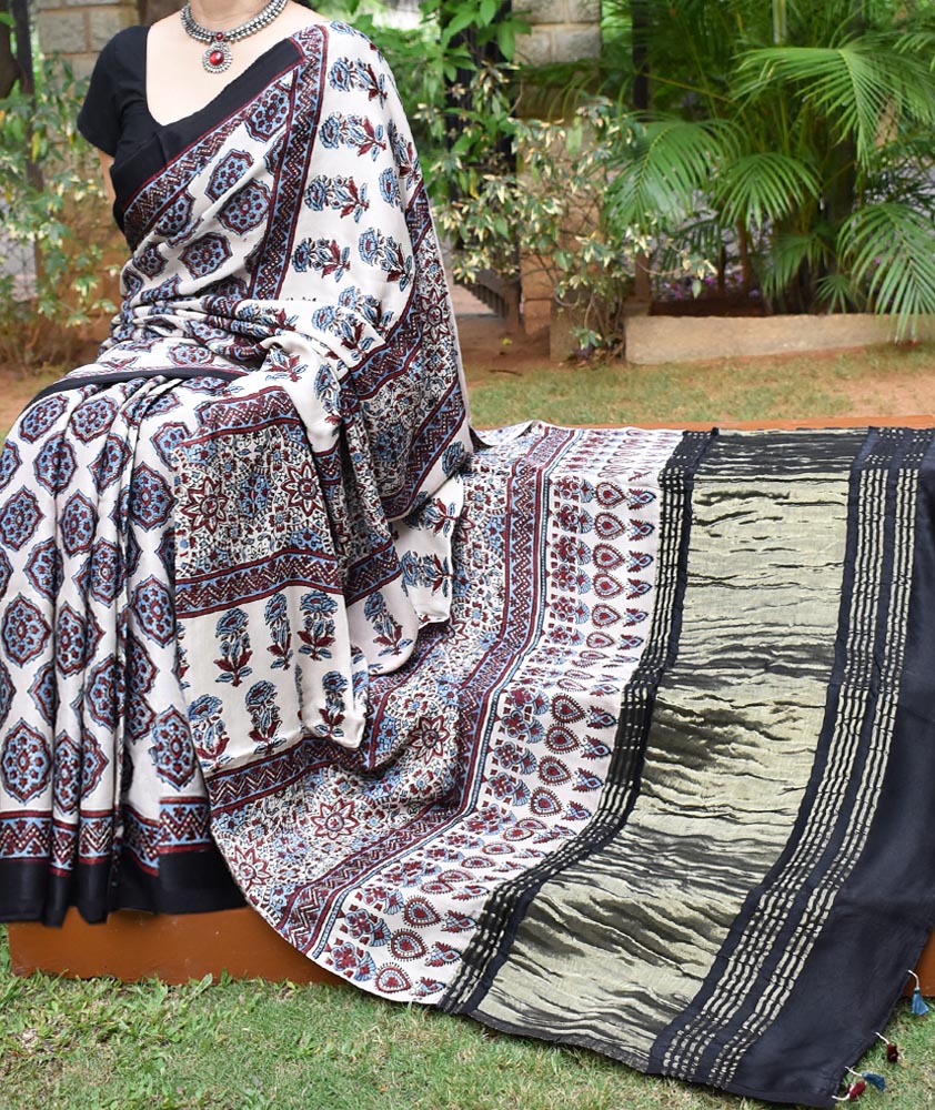 Elegant Hand Block Printed Ajrakh Modal Silk Saree with Zari patta Palla