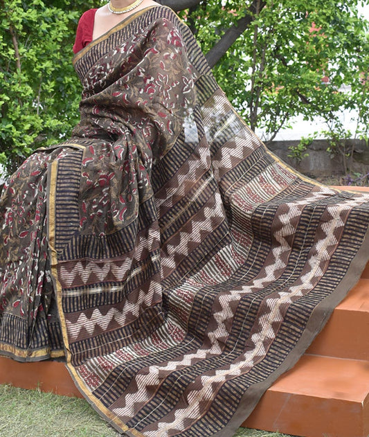 Elegant Chanderi Saree with Jahota ( Bagru + Dabu)  Hand Block Print