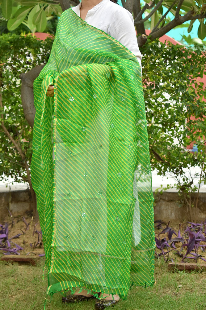 Leheriya Tie Dye Mothra Kota silk dupatta with Foil Mirror Work