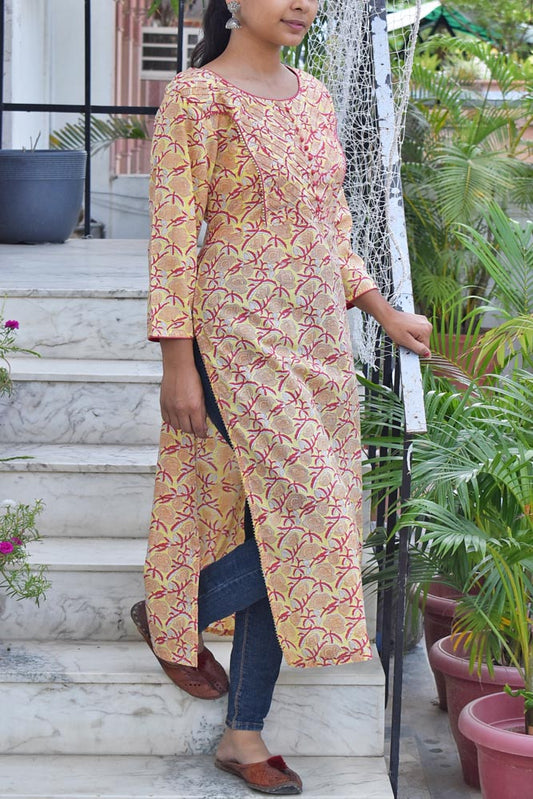 Block Printed Cotton Kurta with pintucks & gota work