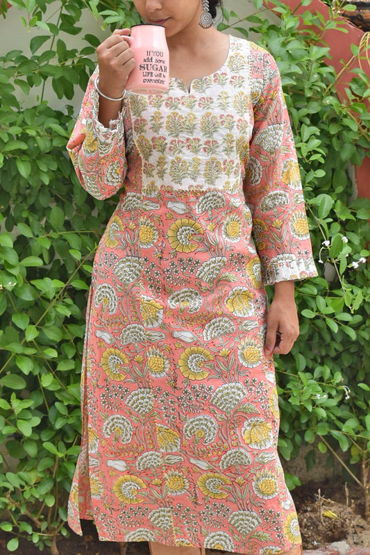 Block Printed Cotton Kurta with gota work & embroidery