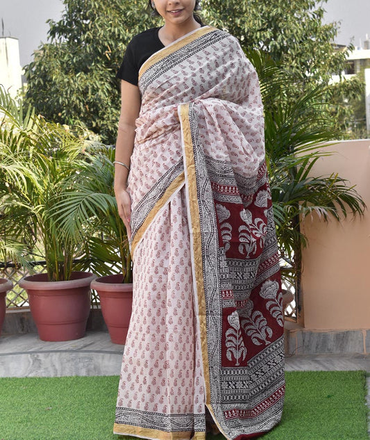 Maheshwari Cotton Saree with Bagh Block Print and zari border
