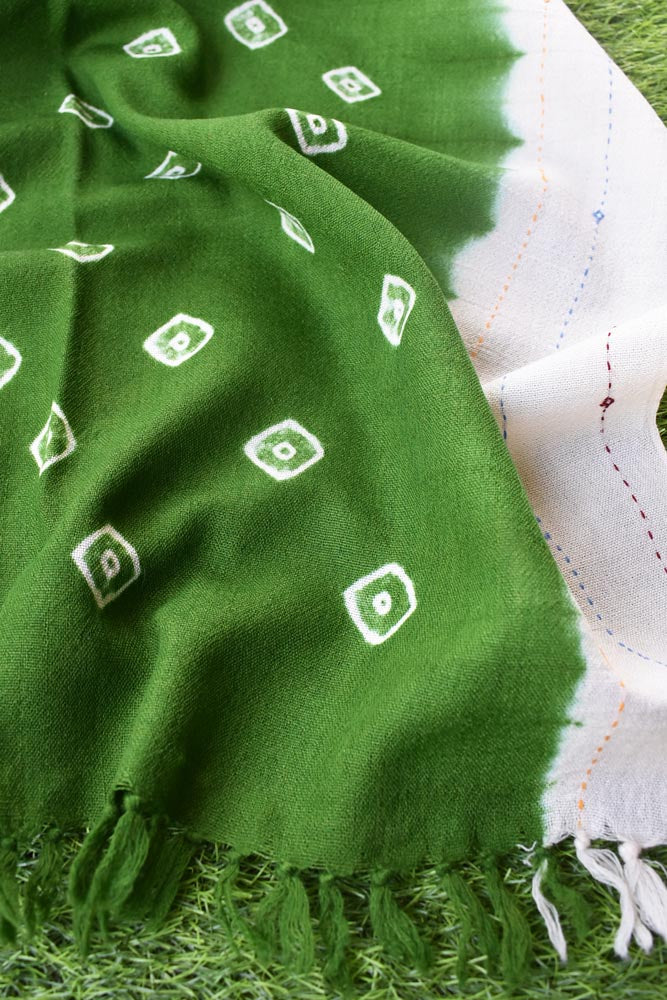 Hand woven Kutch Merino Wool Stole with Shibori Dye & Hand Embroidery