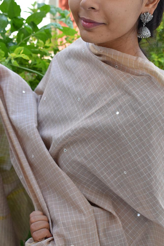 Handwoven Cotton dupatta with woven checks and with foil mirrors