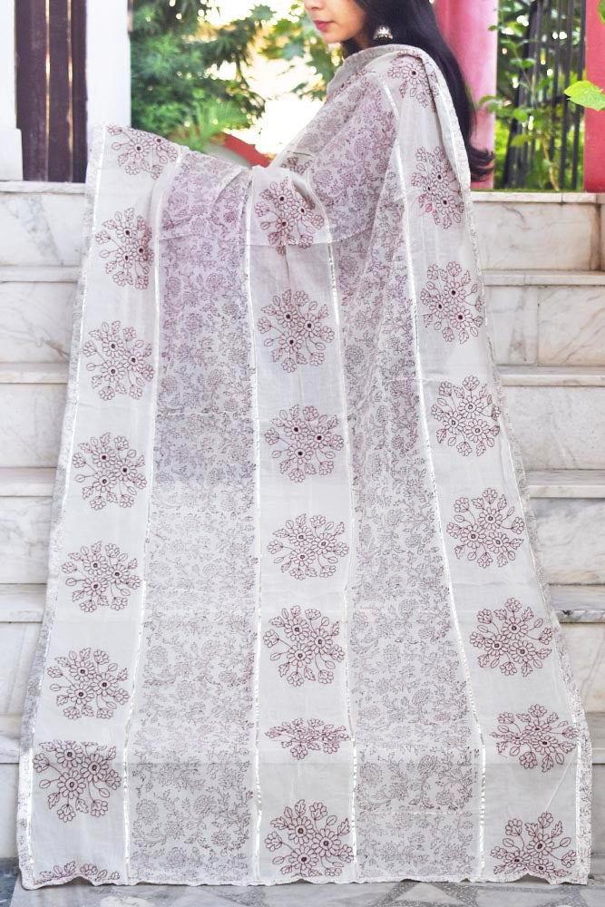 Elegant cotton dupatta with embroidery, block print & gota work