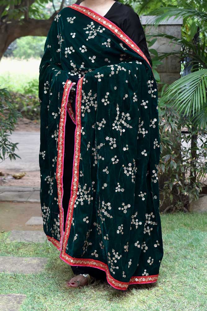 Embroidered Velvet dupatta with stitched borders