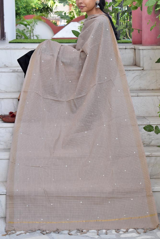 Handwoven Cotton dupatta with woven checks and with foil mirrors